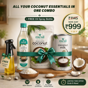 MESIL coconut combo pack with virgin coconut oil 500ml, desiccated coconut 500g and coconut milk 400ml offer